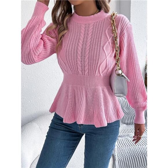 Cable Knit Round Neck Peplum Sweater - Picture 9 of 16